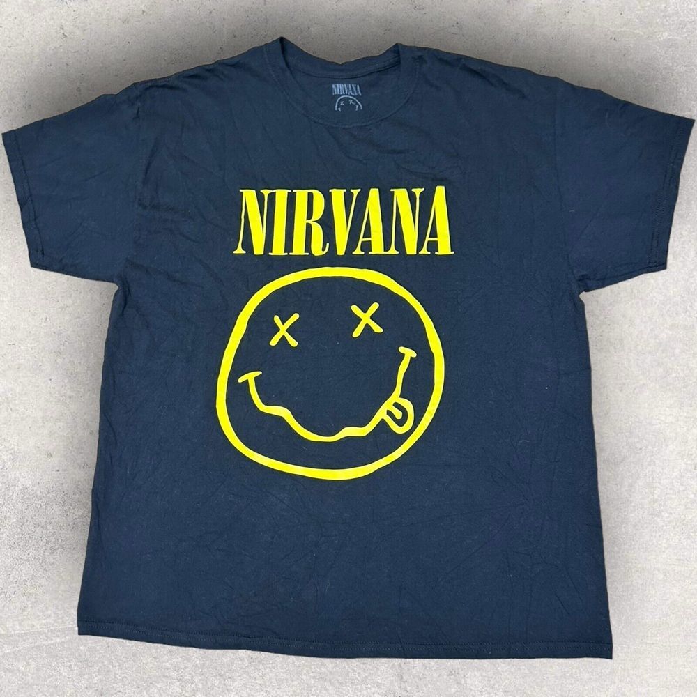 Nirvana‎ Nevermind Kurt Black Yellow Grunge Graphic T Shirt Music Band Size XL